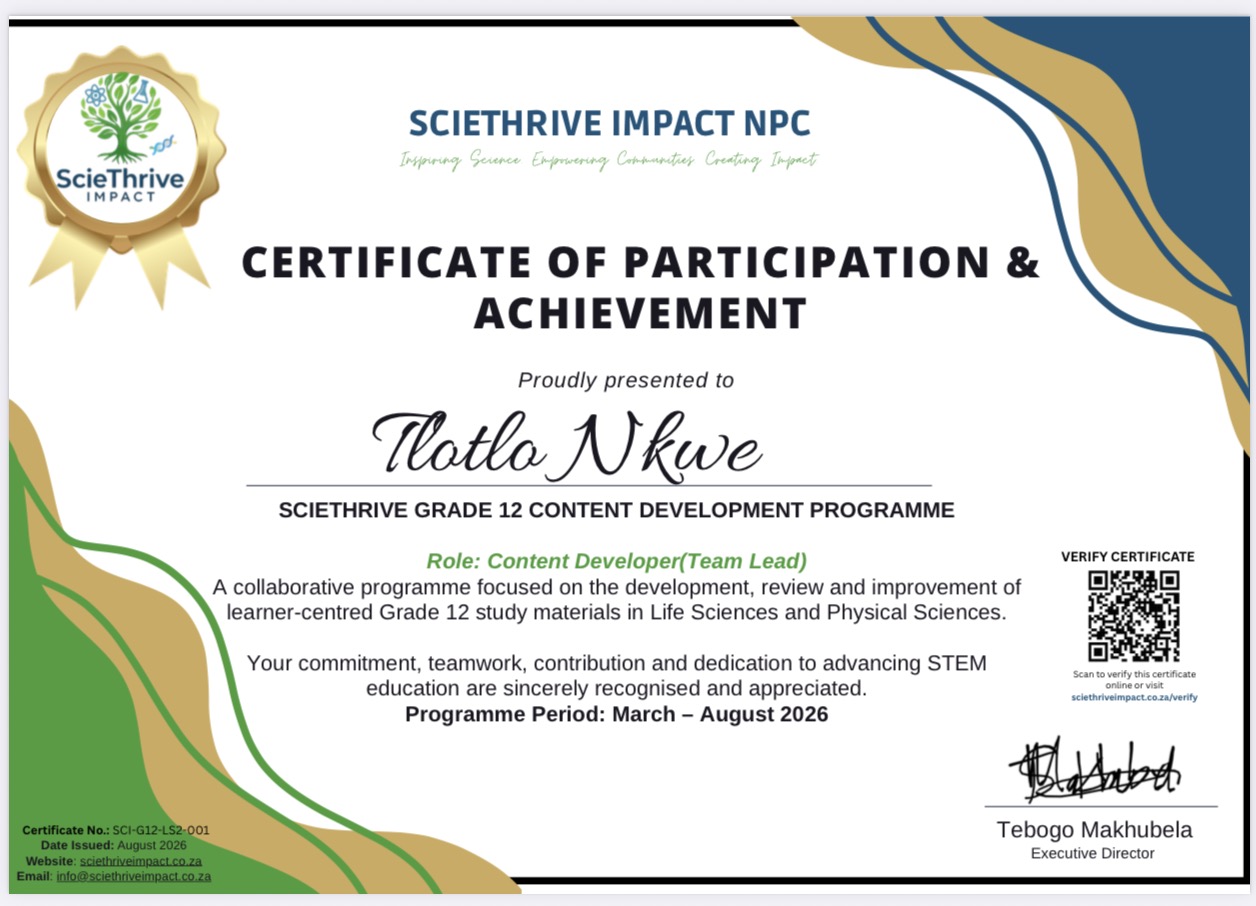 ScieThrive Impact certificate recognising Tlotlo Nkwe as Content Developer and Team Lead